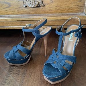 Yves Saint Laurent Tribute Sandal Denim, stacked Heel, 7